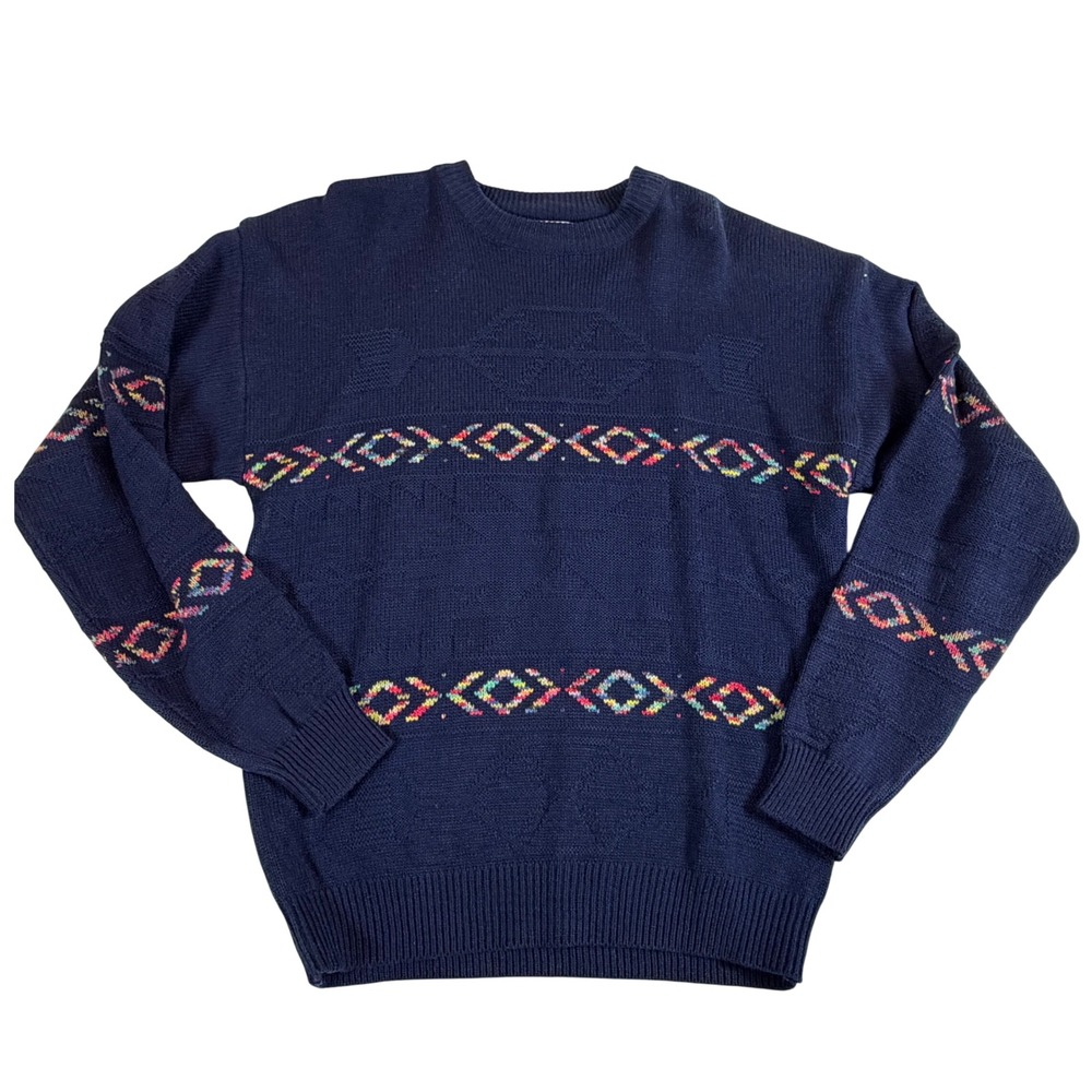 Vtg Sweater Graphix Navy Blue Geo Knit XL 90s Retro Grandpa Indie Grunge Jumper